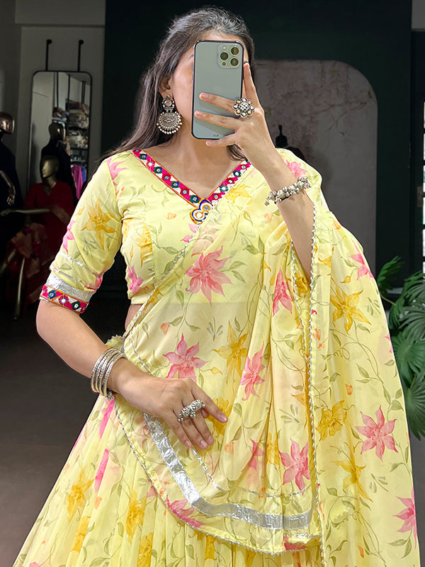 Yellow Floral Tabby Silk Lehenga Choli With Dupatta