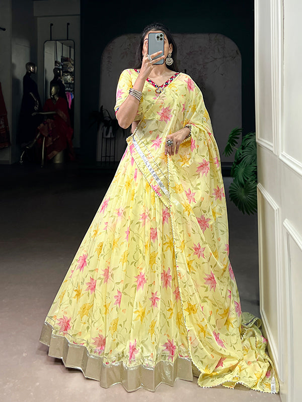 Yellow Floral Tabby Silk Lehenga Choli With Dupatta
