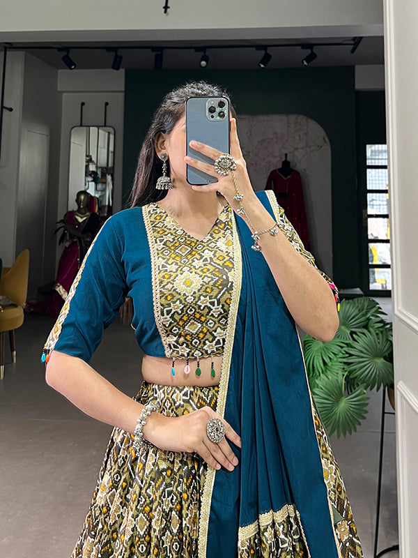 Rama Blue Rayon Dola Silk Printed Lehenga Choli With Dupatta