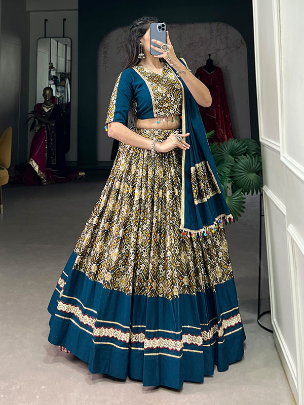 Rama Blue Rayon Dola Silk Printed Lehenga Choli With Dupatta