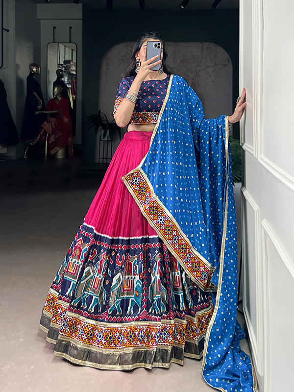 Pink & Blue Gamthi Work Tasar Silk Lehenga Choli With Dupatta