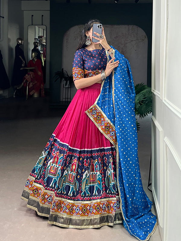 Pink & Blue Gamthi Work Tasar Silk Lehenga Choli With Dupatta