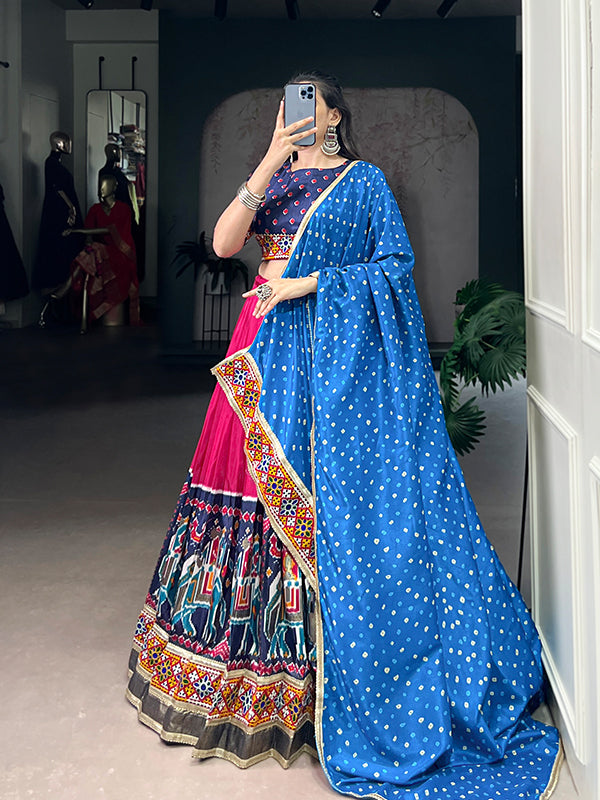 Pink & Blue Gamthi Work Tasar Silk Lehenga Choli With Dupatta