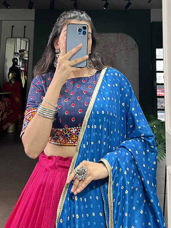 Pink & Blue Gamthi Work Tasar Silk Lehenga Choli With Dupatta