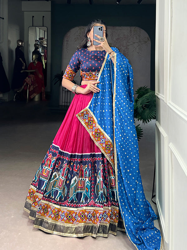 Pink & Blue Gamthi Work Tasar Silk Lehenga Choli With Dupatta