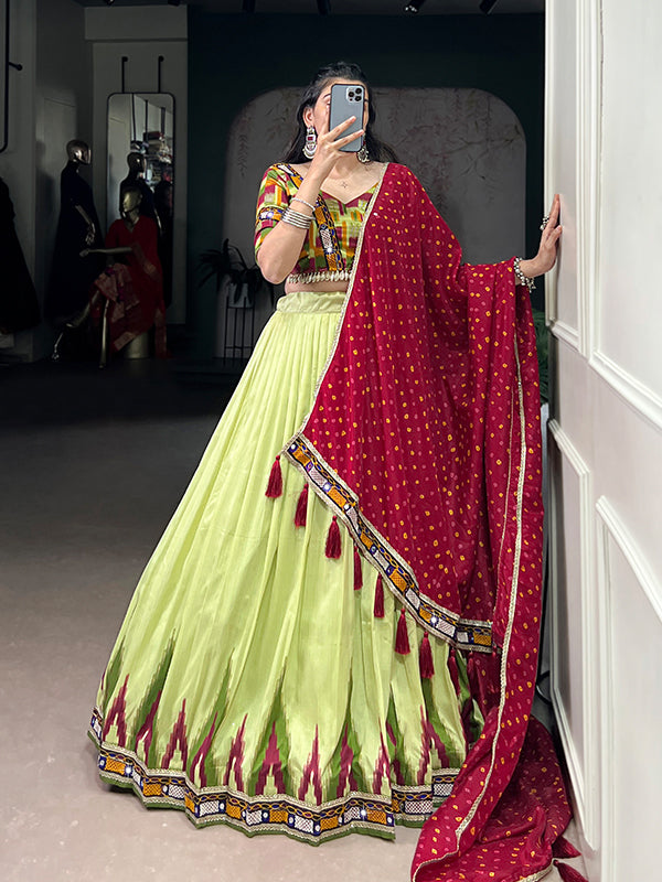 Pista Green Gamthi Work Tasar Silk Lehenga Choli With Dupatta