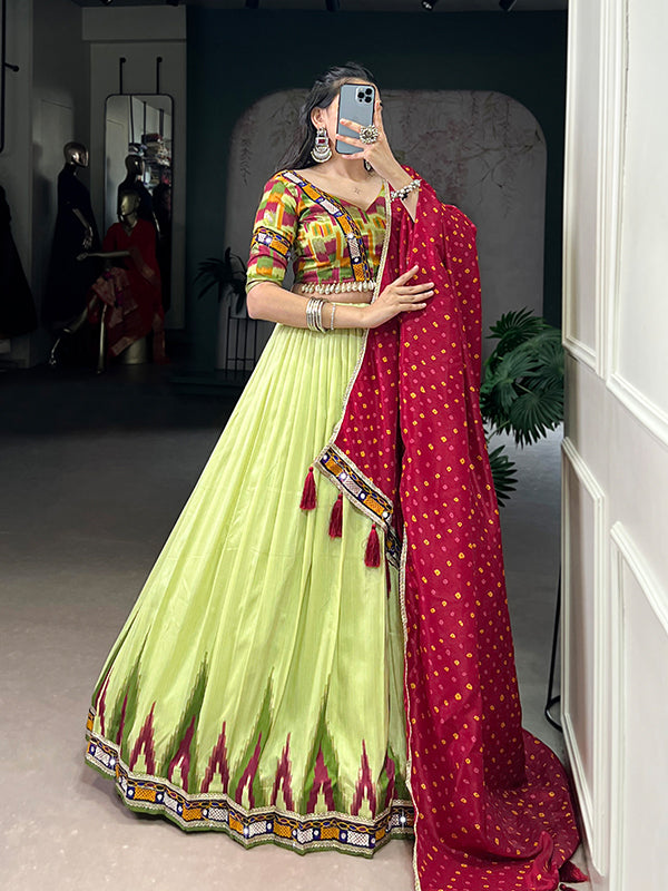 Pista Green Gamthi Work Tasar Silk Lehenga Choli With Dupatta