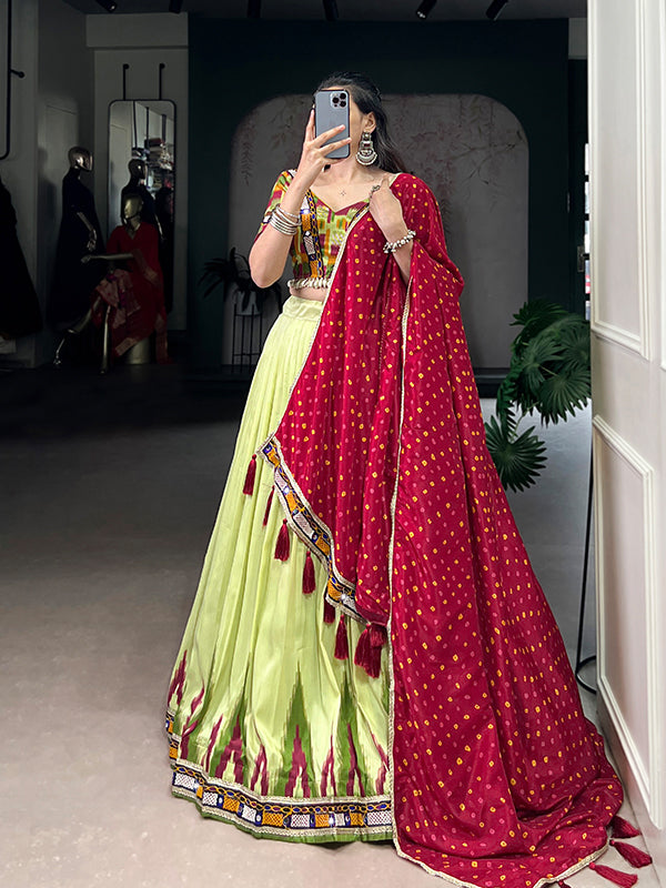 Pista Green Gamthi Work Tasar Silk Lehenga Choli With Dupatta