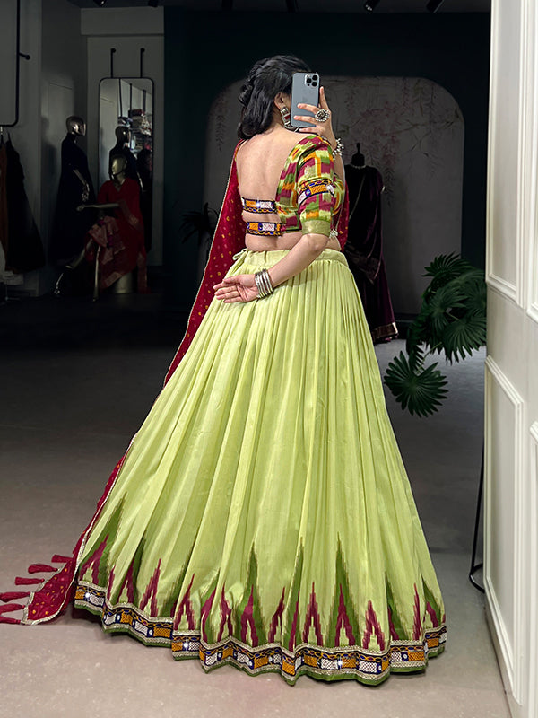 Pista Green Gamthi Work Tasar Silk Lehenga Choli With Dupatta