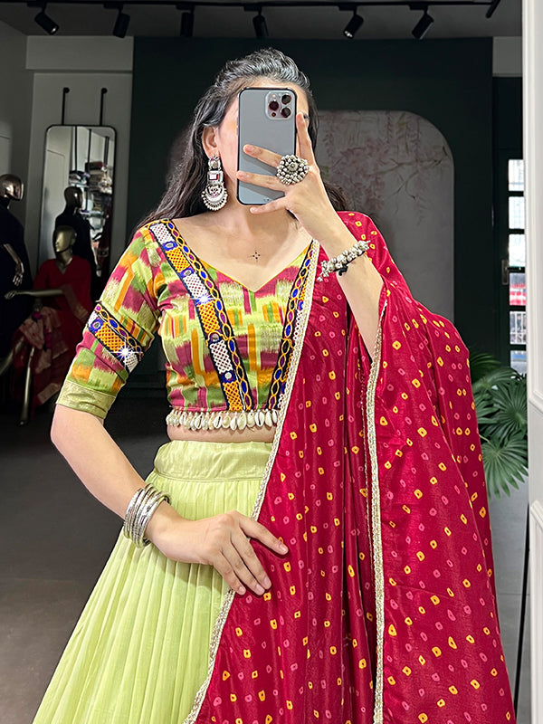 Pista Green Gamthi Work Tasar Silk Lehenga Choli With Dupatta