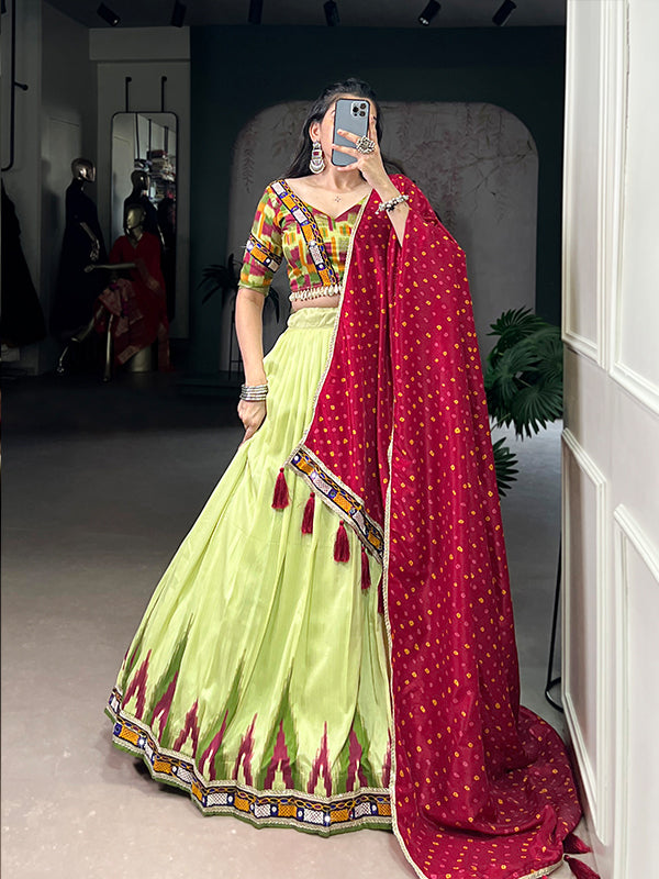 Pista Green Gamthi Work Tasar Silk Lehenga Choli With Dupatta