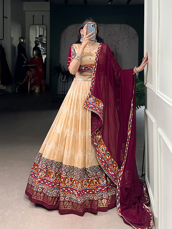 Cream Printed Foil Work Tasar Silk Lehenga Choli With Dupatta