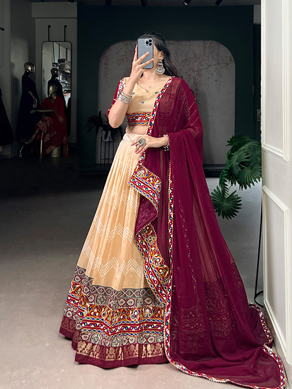 Cream Printed Foil Work Tasar Silk Lehenga Choli With Dupatta