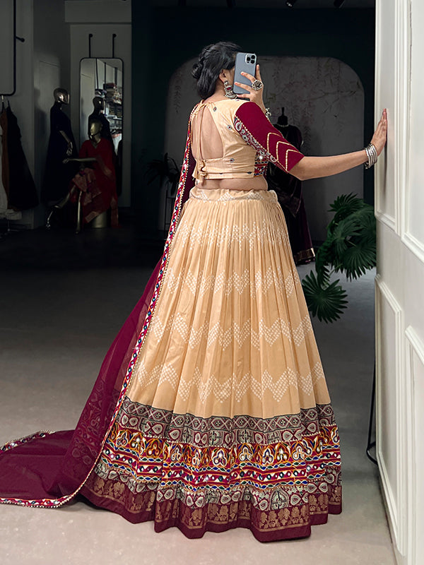 Cream Printed Foil Work Tasar Silk Lehenga Choli With Dupatta