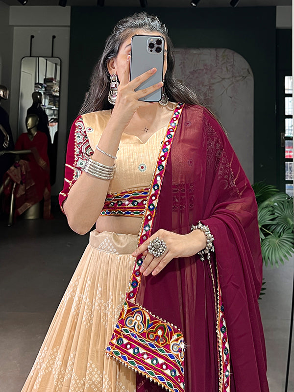 Cream Printed Foil Work Tasar Silk Lehenga Choli With Dupatta