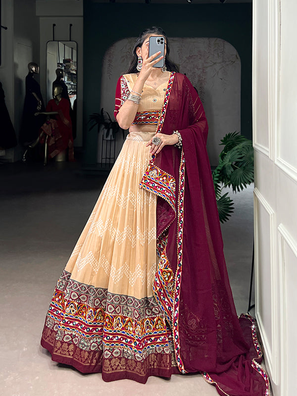 Cream Printed Foil Work Tasar Silk Lehenga Choli With Dupatta