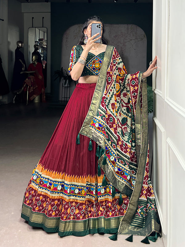 Maroon Printed Foil Work Tasar Silk Lehenga Choli With Dupatta