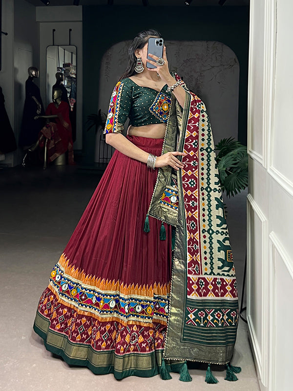 Maroon Printed Foil Work Tasar Silk Lehenga Choli With Dupatta