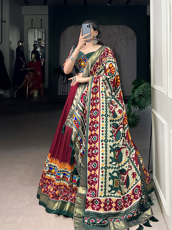 Maroon Printed Foil Work Tasar Silk Lehenga Choli With Dupatta