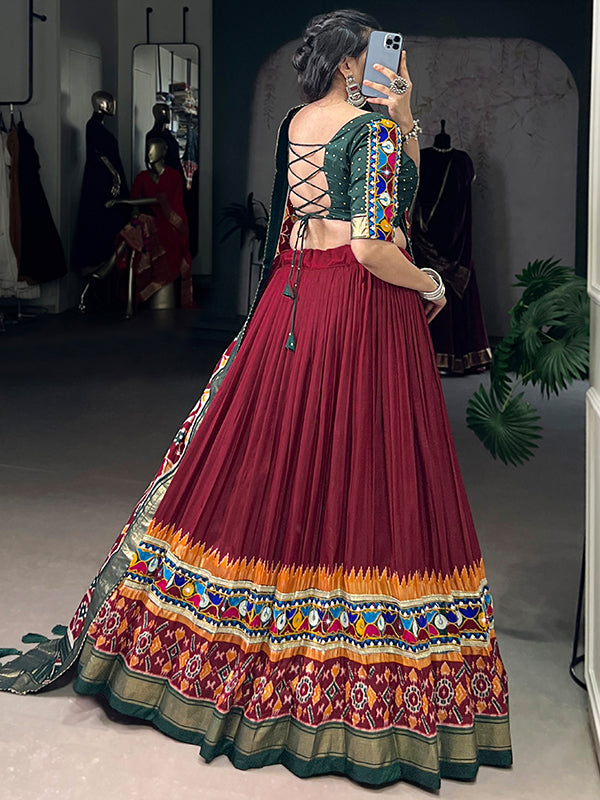 Maroon Printed Foil Work Tasar Silk Lehenga Choli With Dupatta