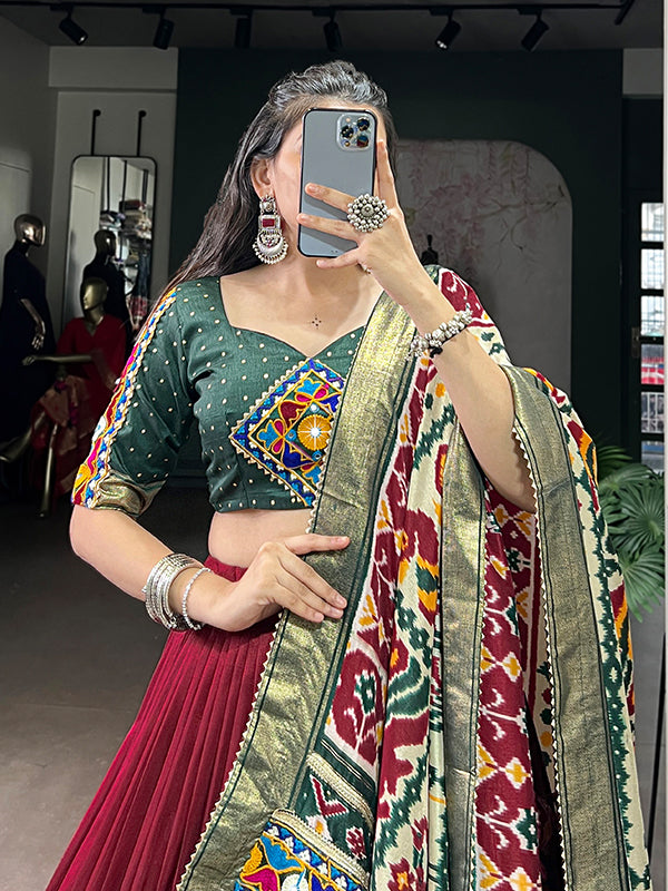 Maroon Printed Foil Work Tasar Silk Lehenga Choli With Dupatta