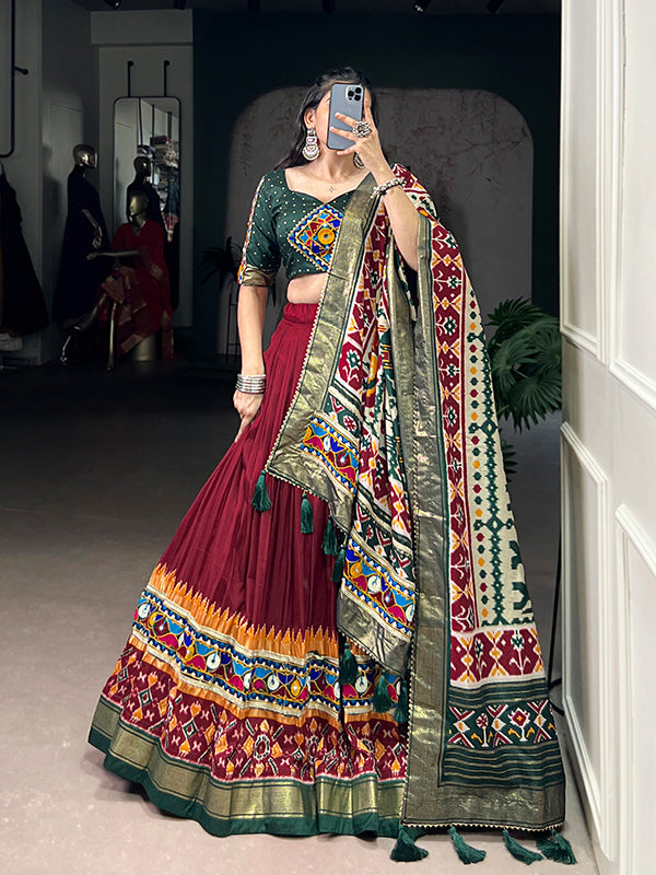 Maroon Printed Foil Work Tasar Silk Lehenga Choli With Dupatta