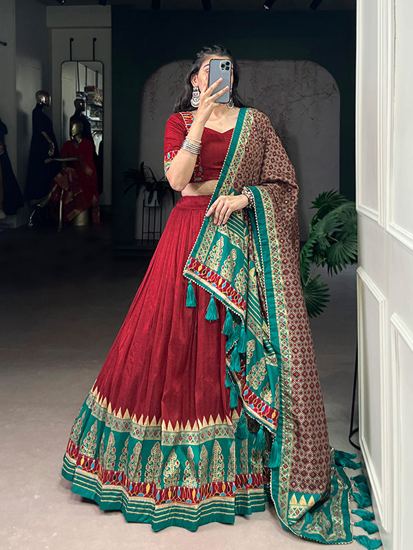 Red Printed Foil Work Tasar Silk Lehenga Choli With Dupatta