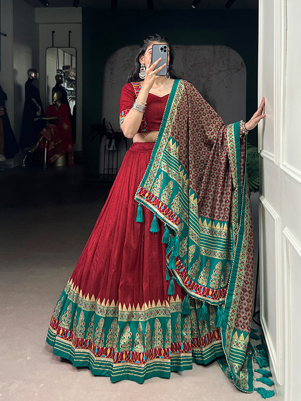 Red Printed Foil Work Tasar Silk Lehenga Choli With Dupatta
