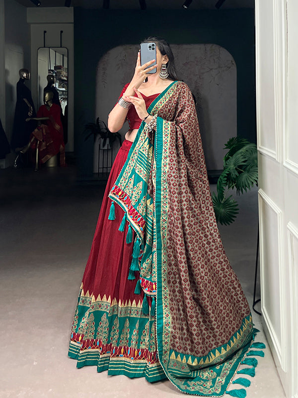 Red Printed Foil Work Tasar Silk Lehenga Choli With Dupatta