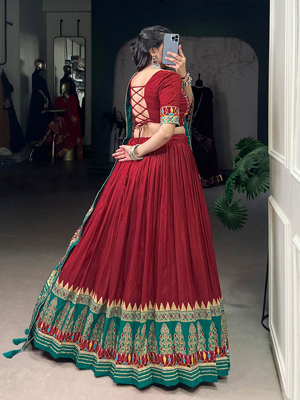 Red Printed Foil Work Tasar Silk Lehenga Choli With Dupatta