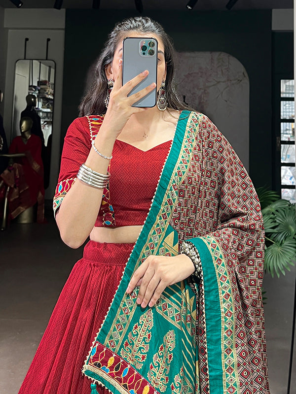 Red Printed Foil Work Tasar Silk Lehenga Choli With Dupatta