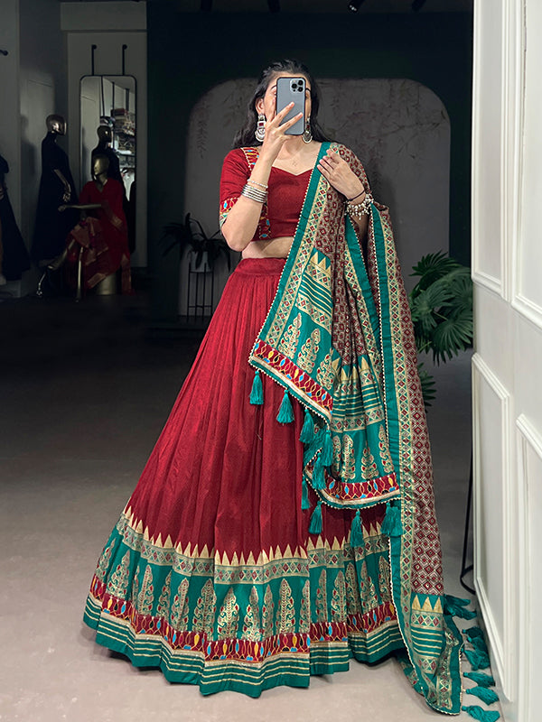 Red Printed Foil Work Tasar Silk Lehenga Choli With Dupatta
