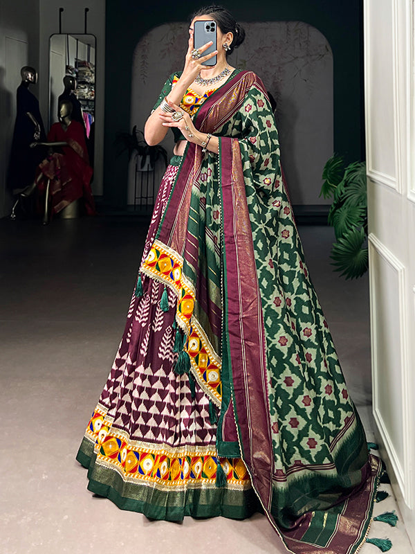 Wine Printed Foil Work Tasar Silk Lehenga Choli With Dupatta