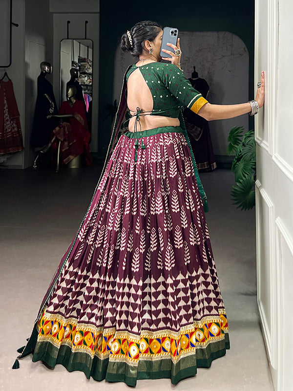 Wine Printed Foil Work Tasar Silk Lehenga Choli With Dupatta