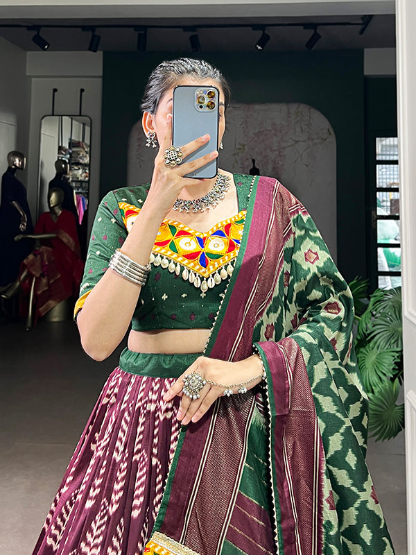 Wine Printed Foil Work Tasar Silk Lehenga Choli With Dupatta