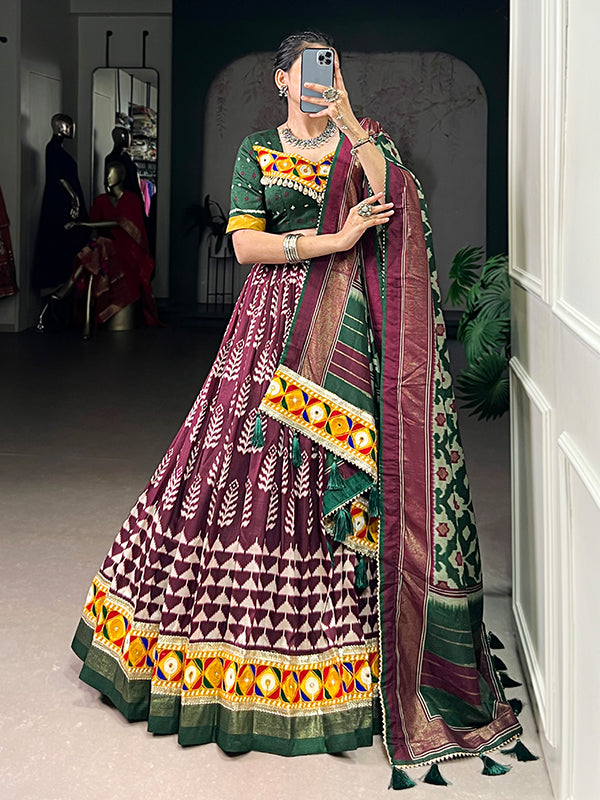Wine Printed Foil Work Tasar Silk Lehenga Choli With Dupatta