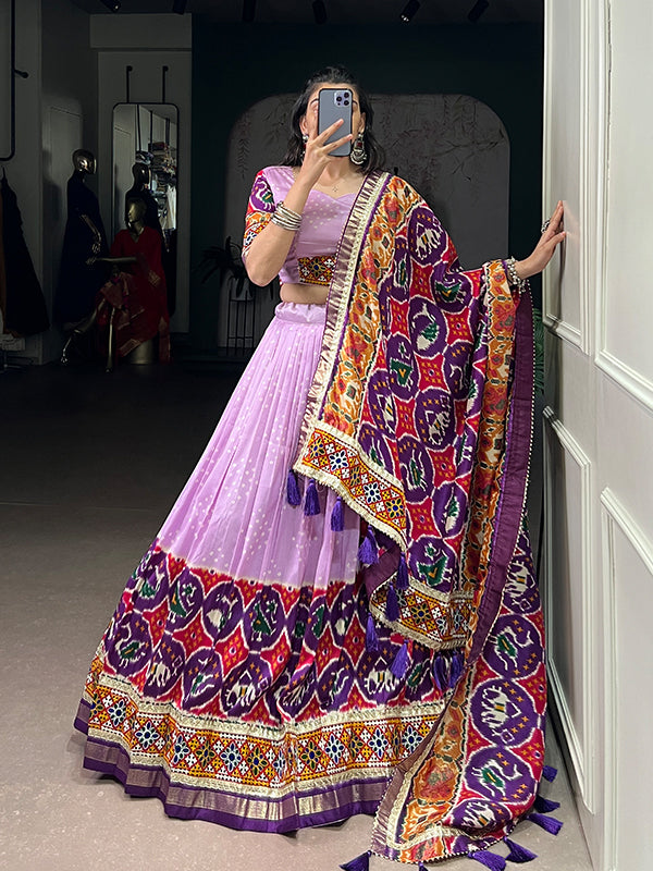 Lavender Printed Mirror Gamthi Work Tasar Silk Lehenga Choli With Dupatta