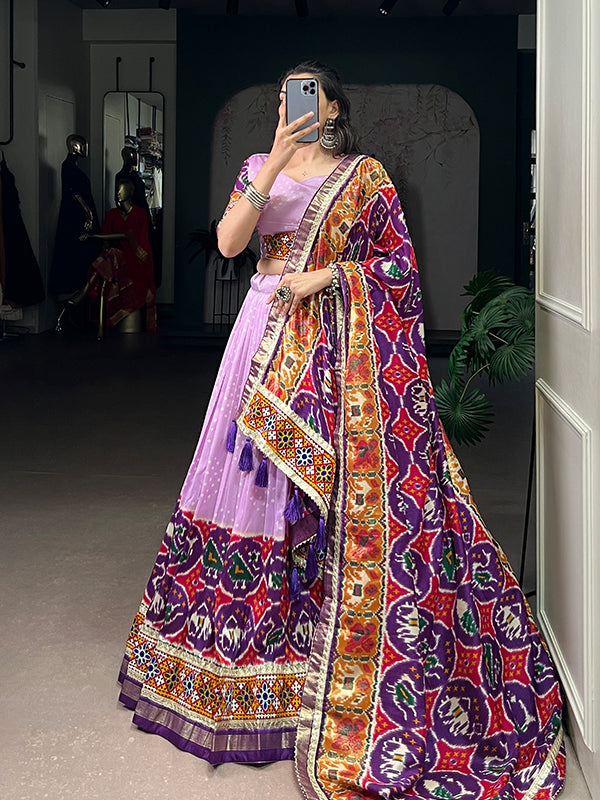 Lavender Printed Mirror Gamthi Work Tasar Silk Lehenga Choli With Dupatta