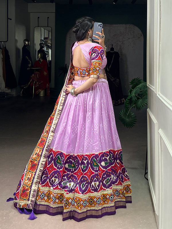 Lavender Printed Mirror Gamthi Work Tasar Silk Lehenga Choli With Dupatta