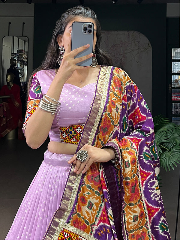 Lavender Printed Mirror Gamthi Work Tasar Silk Lehenga Choli With Dupatta
