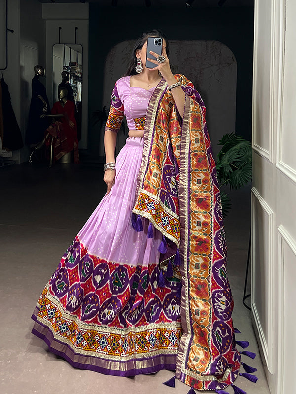 Lavender Printed Mirror Gamthi Work Tasar Silk Lehenga Choli With Dupatta