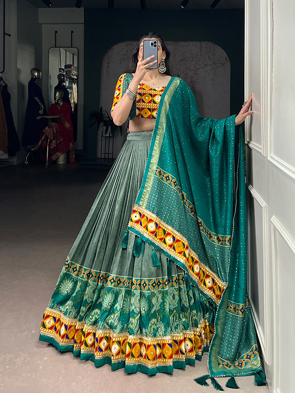 Sea Green Printed Mirror Gamthi Work Tasar Silk Lehenga Choli With Dupatta