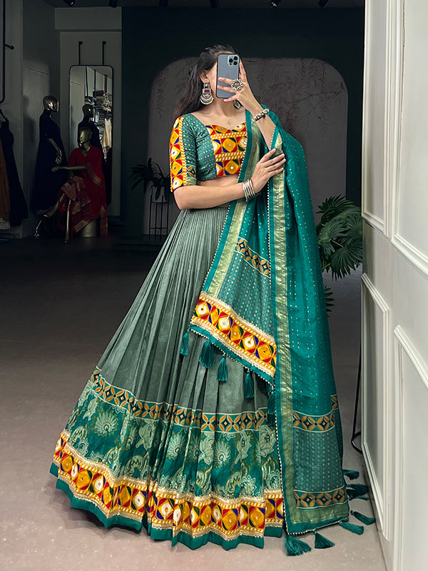 Sea Green Printed Mirror Gamthi Work Tasar Silk Lehenga Choli With Dupatta