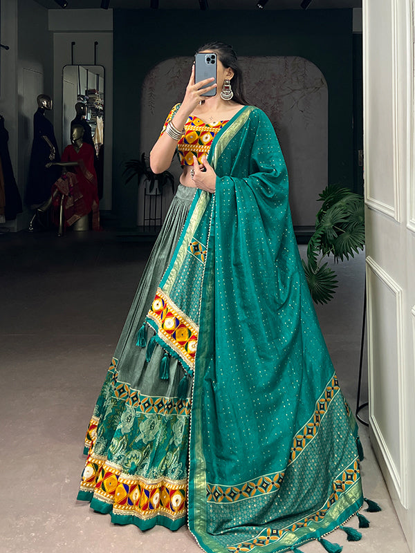Sea Green Printed Mirror Gamthi Work Tasar Silk Lehenga Choli With Dupatta