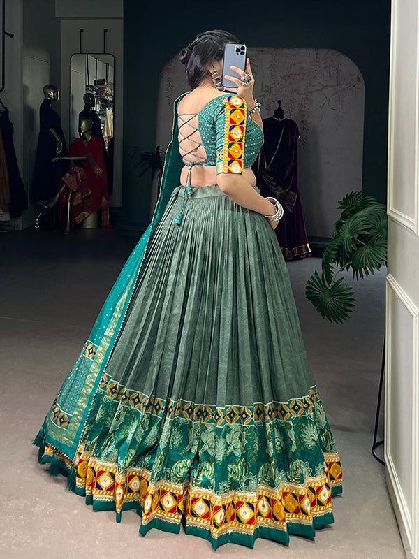 Sea Green Printed Mirror Gamthi Work Tasar Silk Lehenga Choli With Dupatta