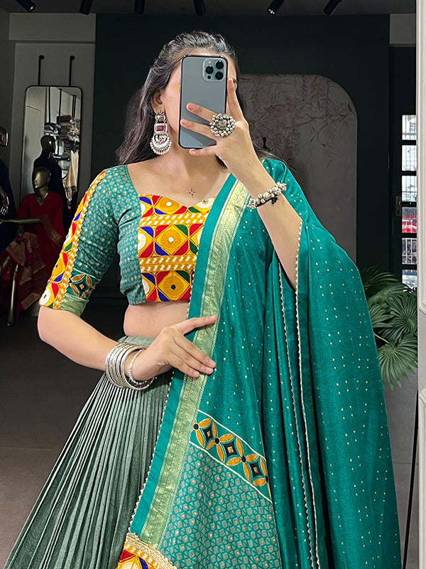 Sea Green Printed Mirror Gamthi Work Tasar Silk Lehenga Choli With Dupatta