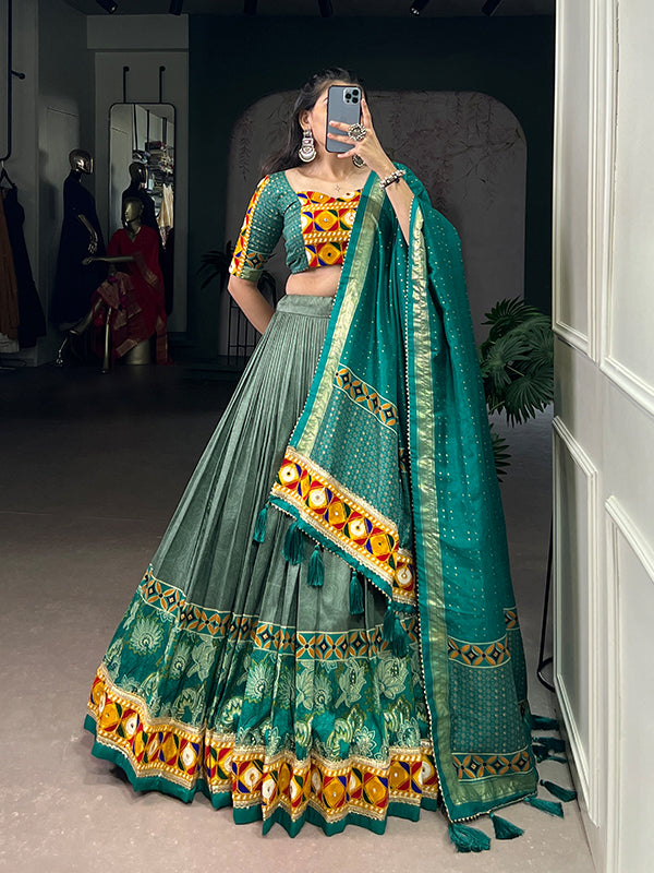 Sea Green Printed Mirror Gamthi Work Tasar Silk Lehenga Choli With Dupatta