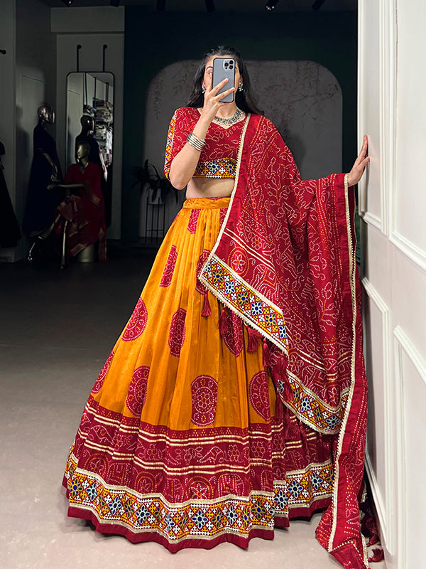 Mustard Yellow Bandhej Print Gamthi Work Tasar Silk Lehenga Choli With Dupatta