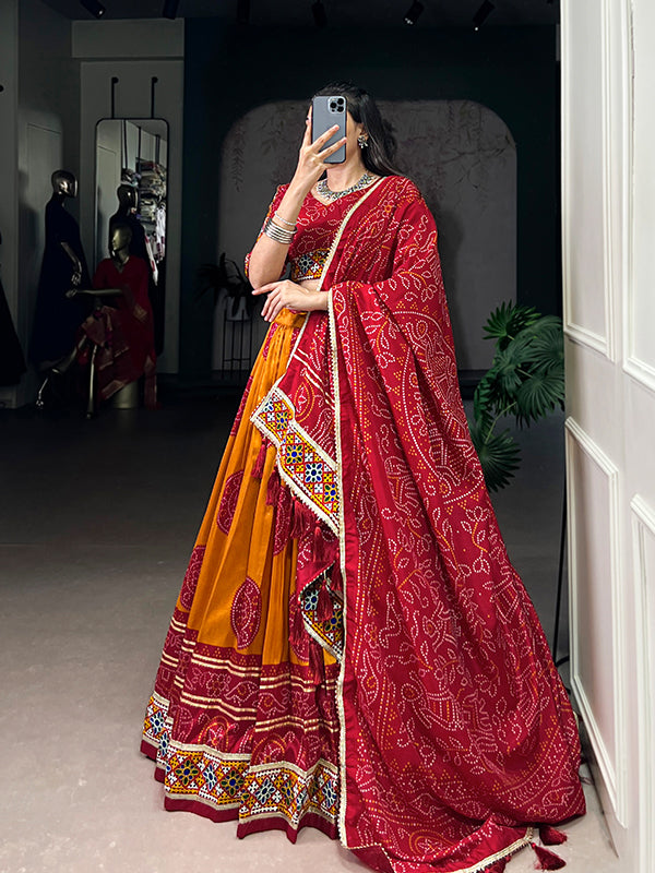 Mustard Yellow Bandhej Print Gamthi Work Tasar Silk Lehenga Choli With Dupatta