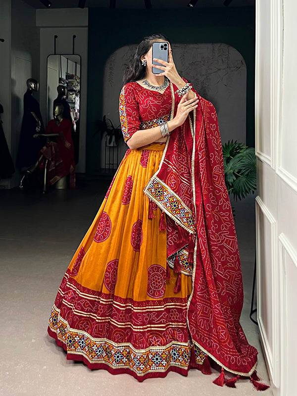 Mustard Yellow Bandhej Print Gamthi Work Tasar Silk Lehenga Choli With Dupatta